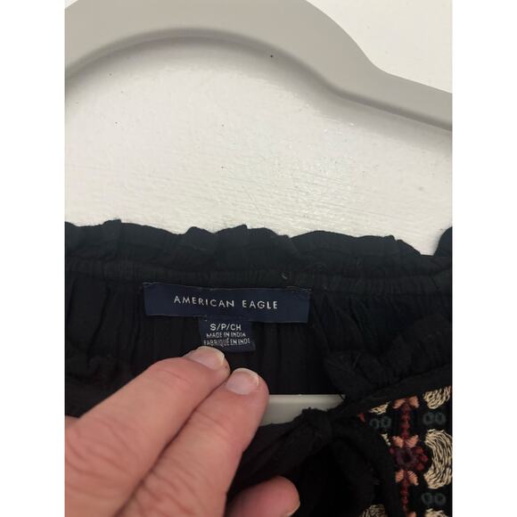 American Eagle Black Boho Embroidered Peasant Top Tassel Tie Neck Long Sleeve S - Picture 10 of 10